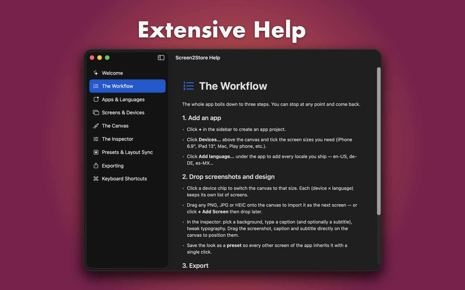 Screen2Store's in-app Help window — a sidebar of topics (Welcome, The Workflow, Apps & Languages, Screens & Devices, The Canvas, The Inspector, Presets & Layout Sync, Exporting, Keyboard Shortcuts) and a detailed three-step workflow on the right.