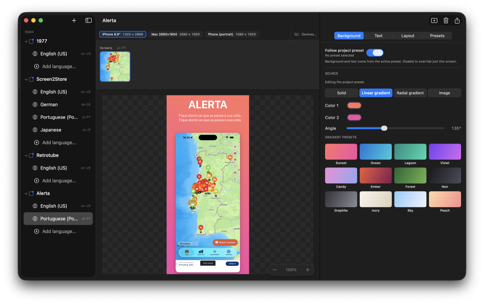 Alerta app composed on the iPhone 6.9-inch canvas (1320 × 2868 pixels) — the Apple App Store screenshot size required for the largest iPhones.